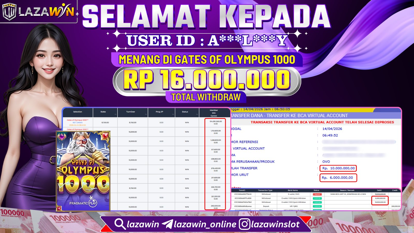 LAZAWIN JACKPOT di GATES OF OLYMPUS 1000 Rp.16.000.000,- LUNAS