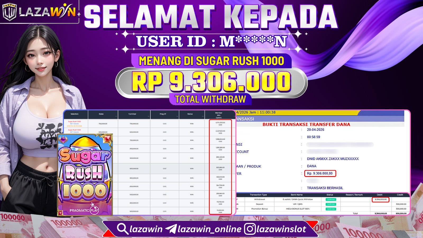 LAZAWIN JACKPOT di SUGAR RUSH 1000 Rp.9.306.000,- LUNAS