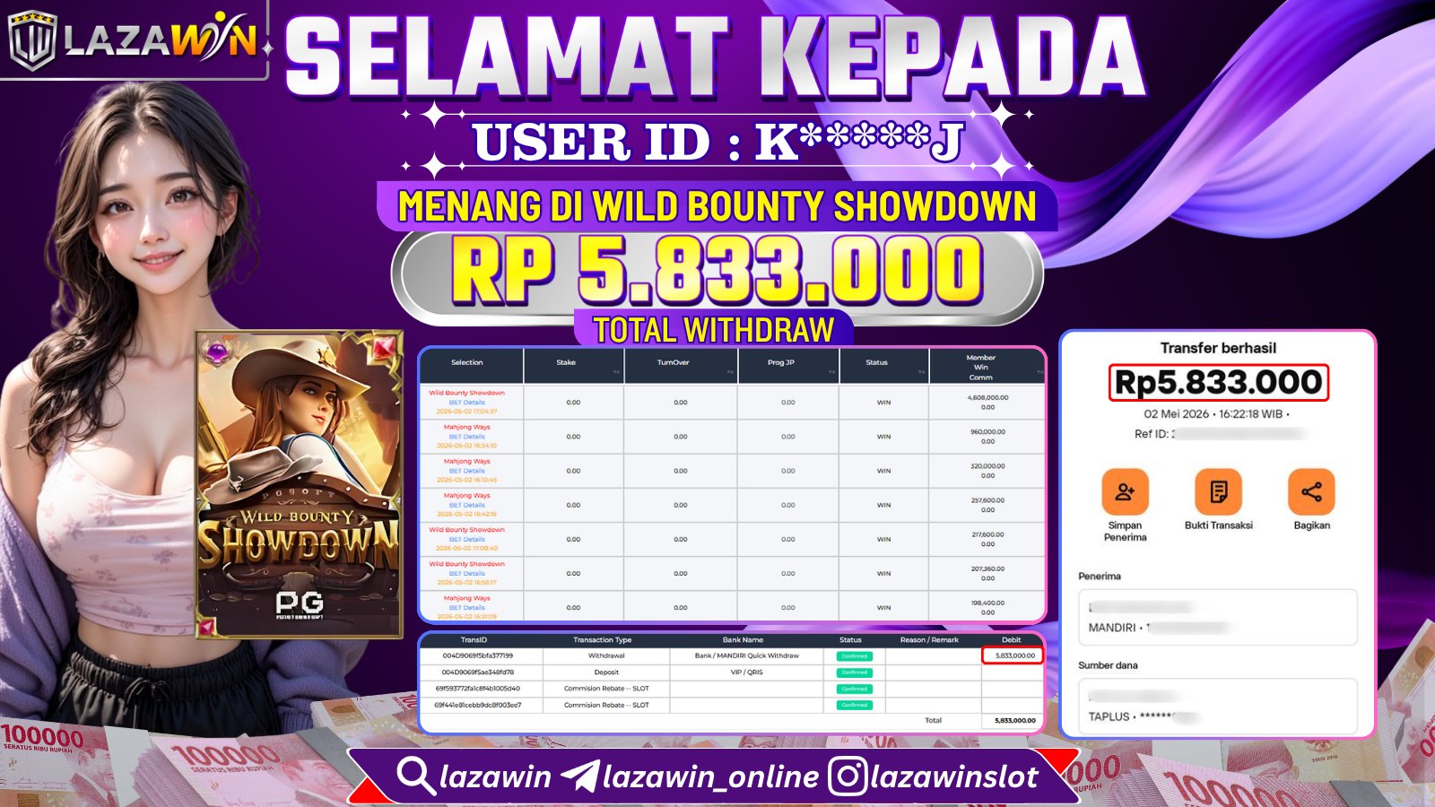 LAZAWIN JACKPOT di WILD BOUNTY SHOWDOWN Rp.5.833.000,- LUNAS