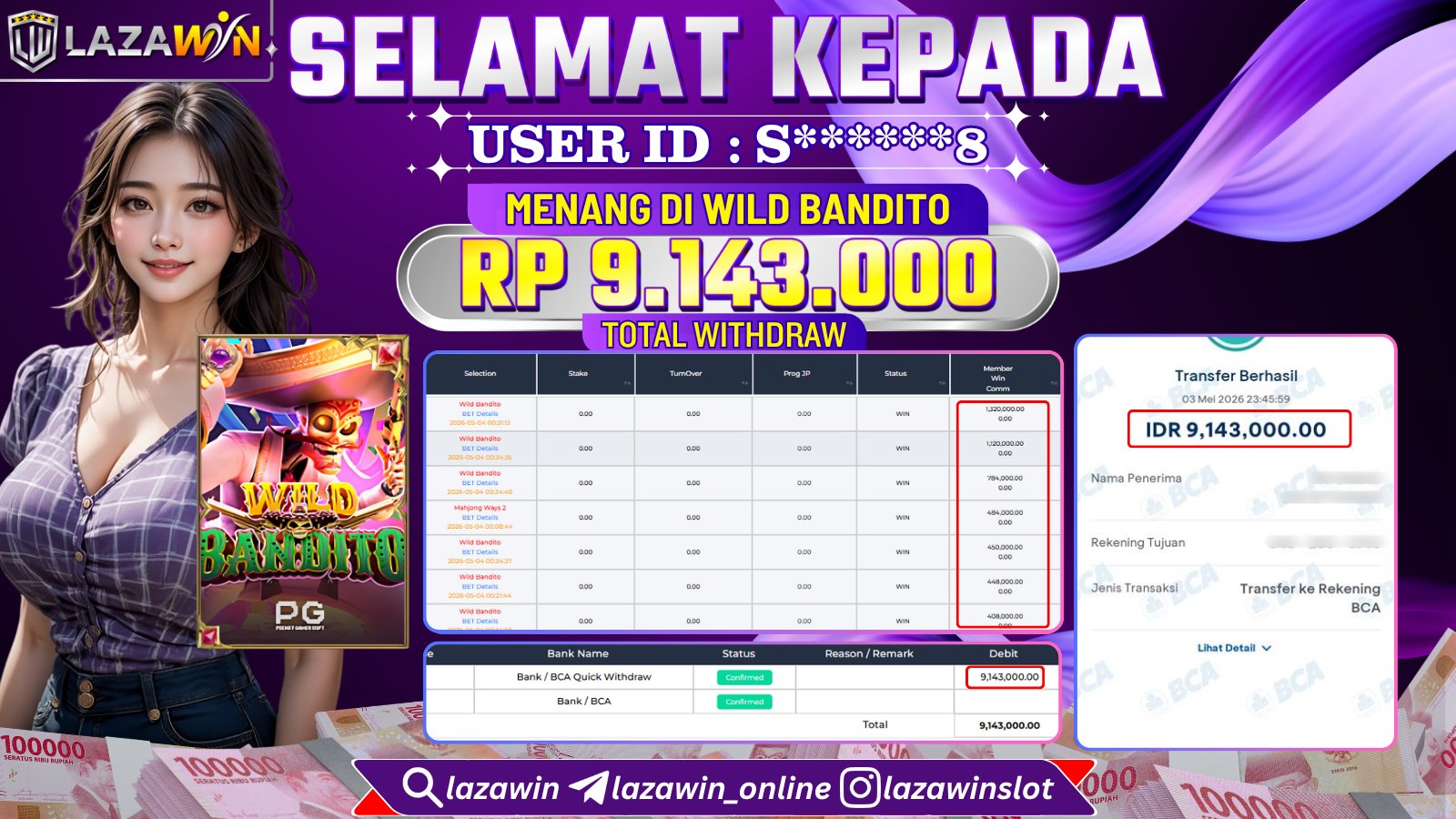 LAZAWIN JACKPOT di WILD BANDITO Rp.9.143.000,- LUNAS