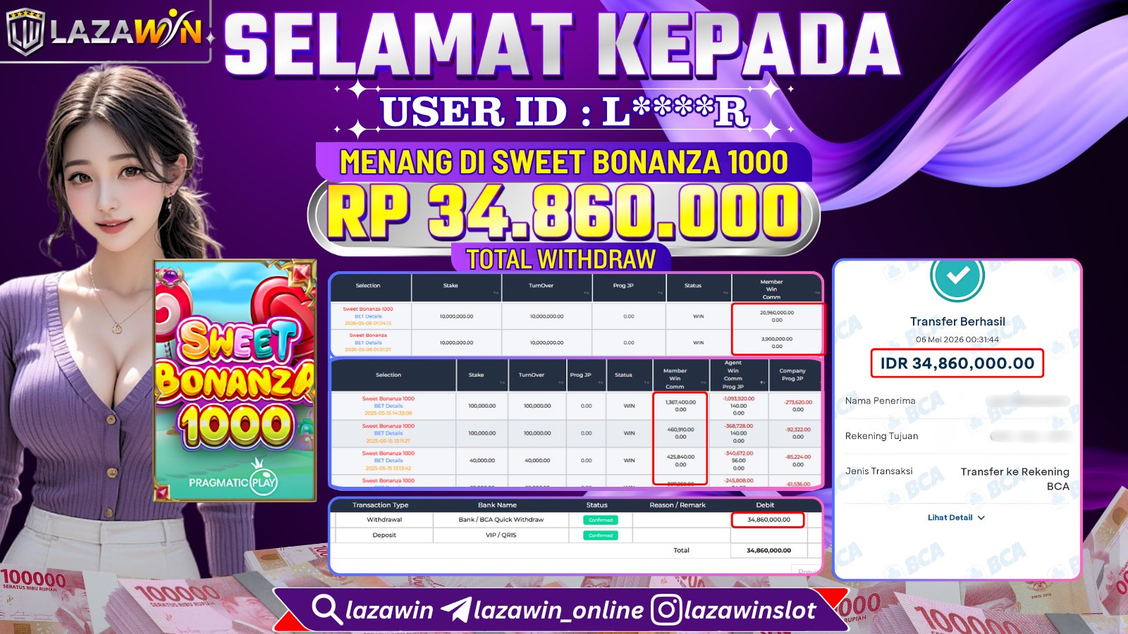 LAZAWIN JACKPOT di SWEET BONANZA 1000 Rp.34.860.000,- LUNAS