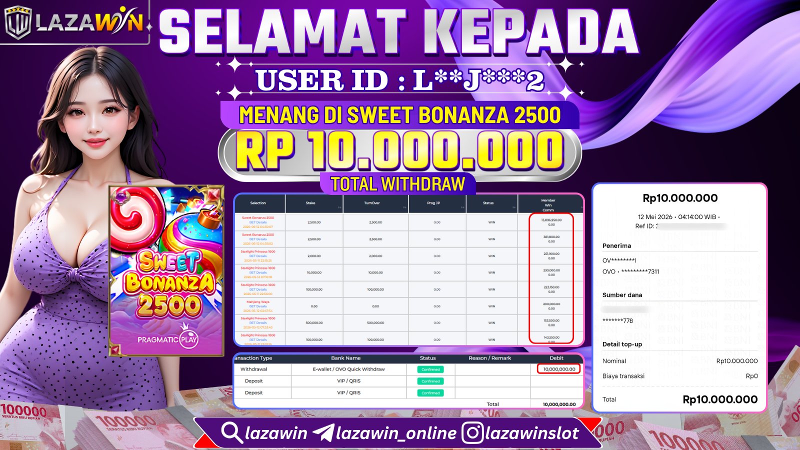 LAZAWIN JACKPOT di SWEET BONANZA 2500 Rp.10.000.000,- LUNAS