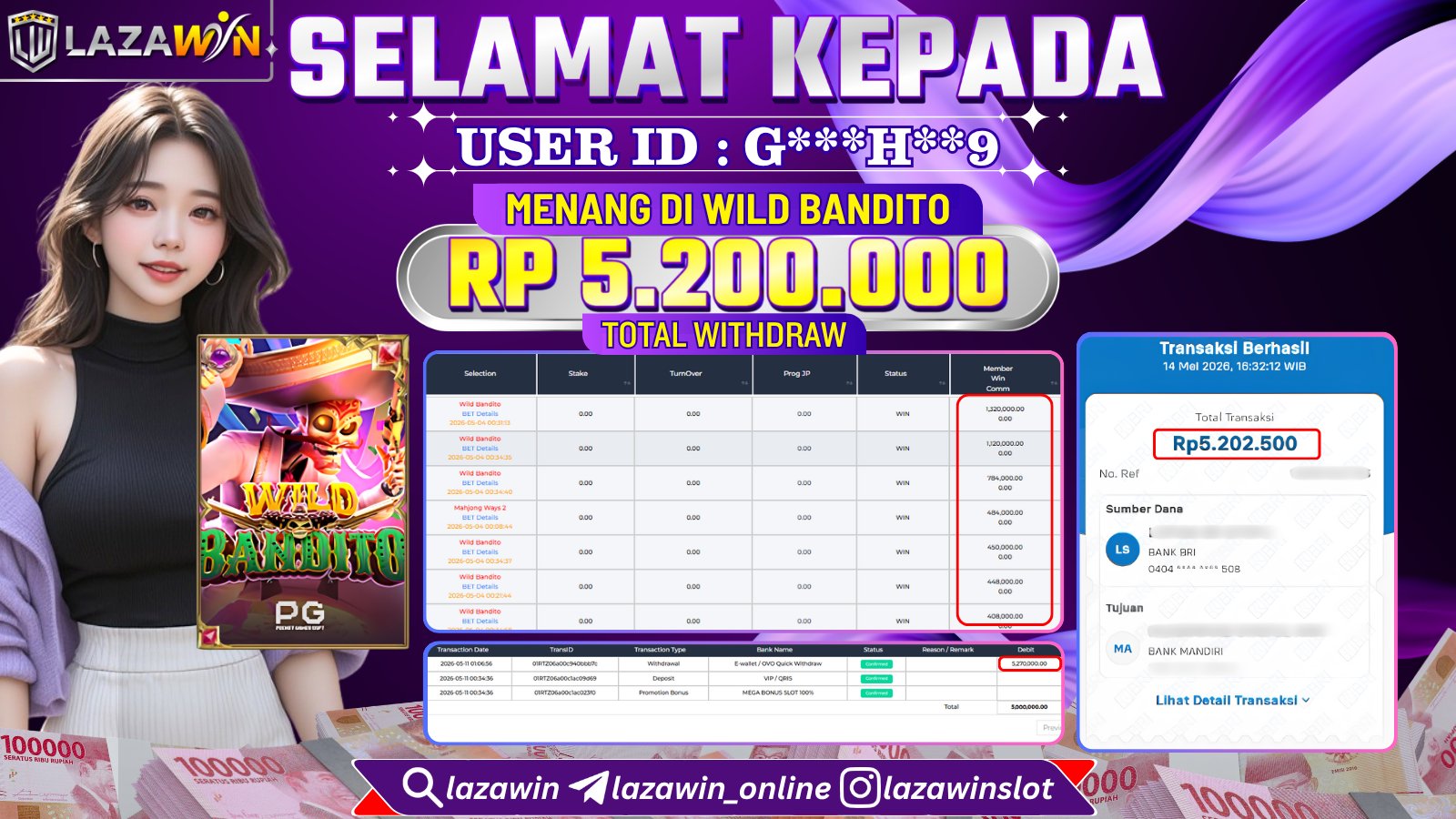 LAZAWIN JACKPOT di WILD BANDITO Rp.5.200.000,- LUNAS