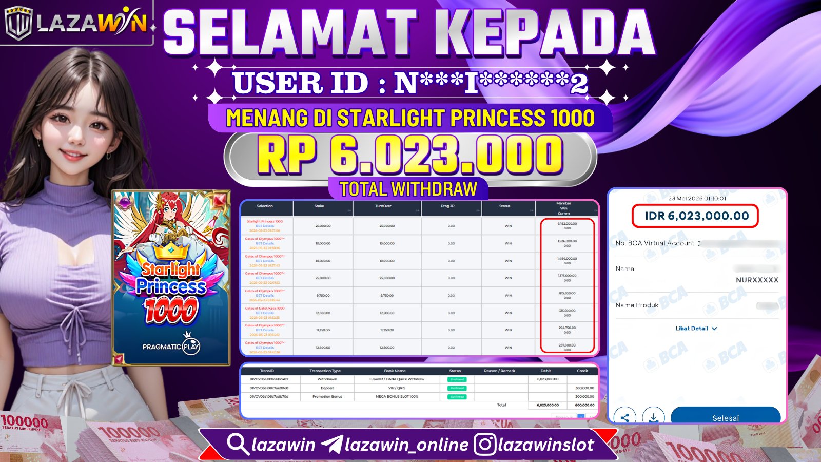 LAZAWIN JACKPOT di STARLIGHT PRINCESS 1000 Rp.6.023.000,- LUNAS