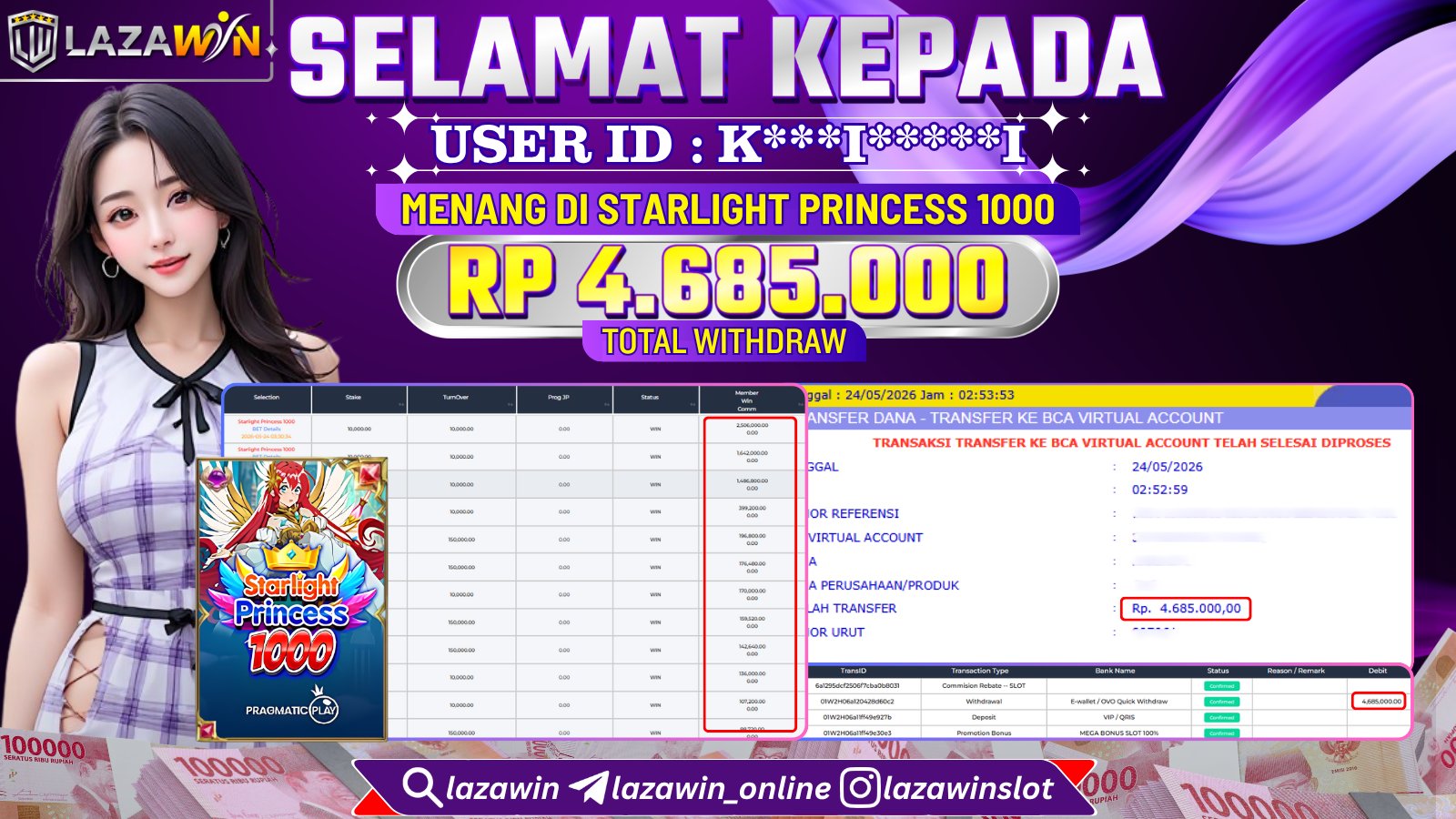 LAZAWIN JACKPOT di STARLIGHT PRINCESS 1000 Rp.4.685.000,- LUNAS