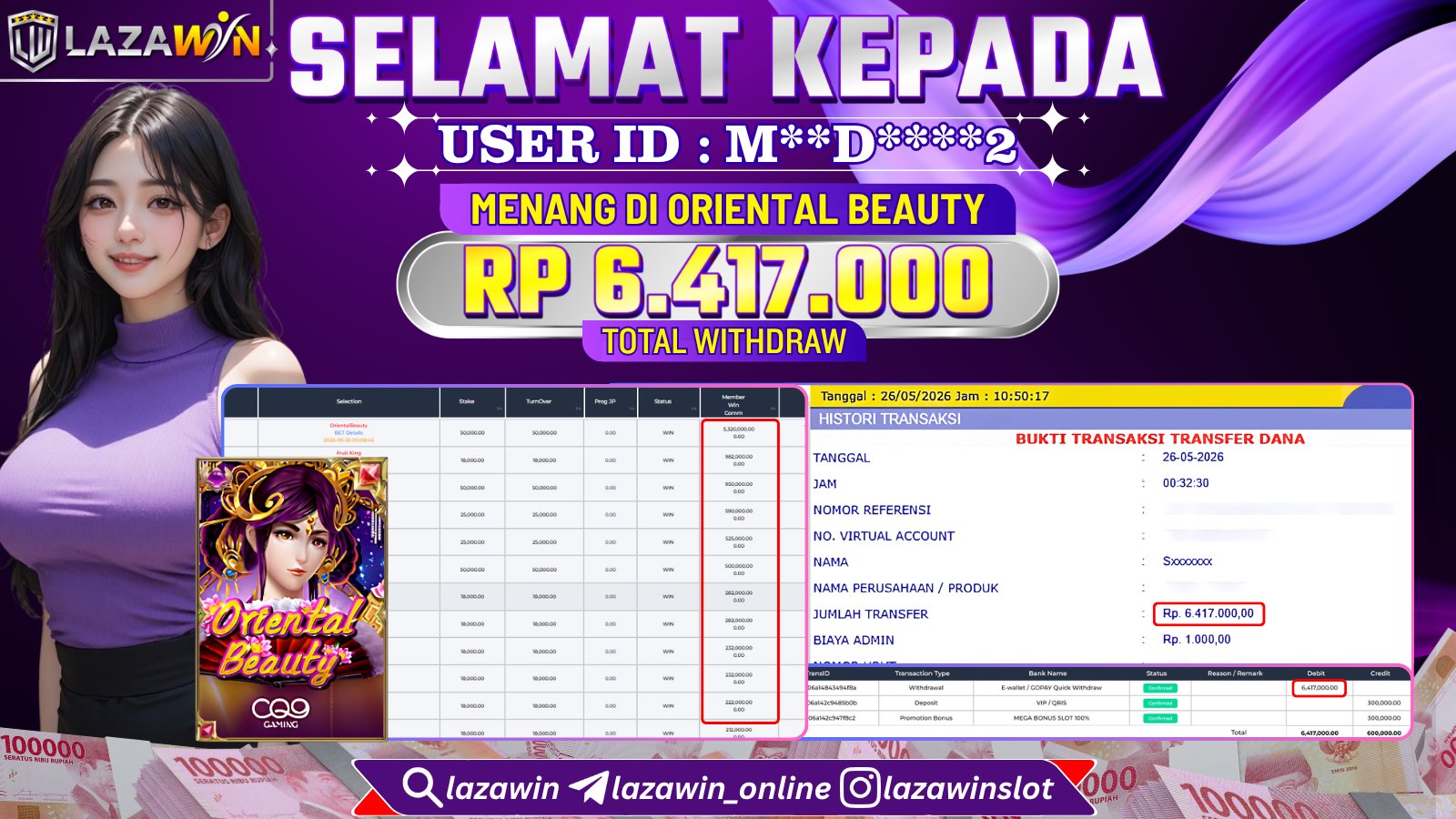 LAZAWIN JACKPOT di ORIENTAL BEAUTY Rp.6.417.000,- LUNAS