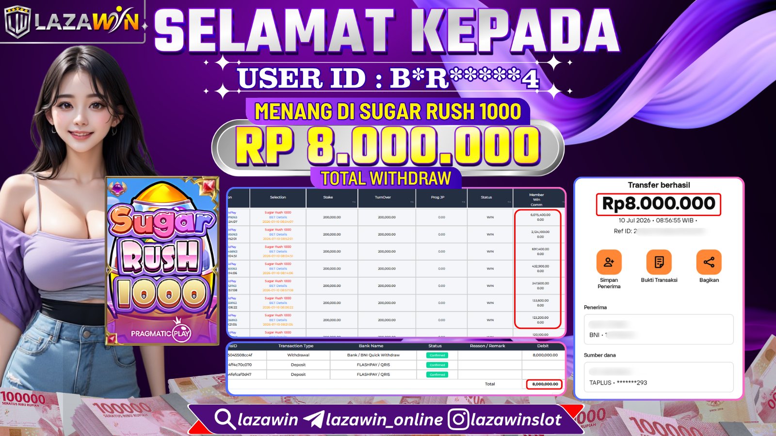 LAZAWIN JACKPOT di SUGAR RUSH 1000 Rp.8.000.000,- LUNAS