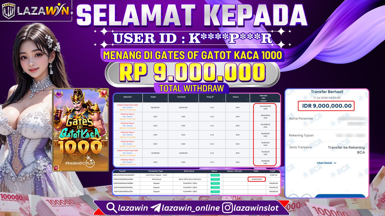 LAZAWIN JACKPOT di GATES OF GATOT KACA 1000 Rp.9.000.000,- LUNAS