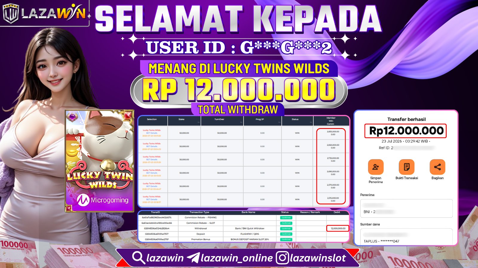 LAZAWIN JACKPOT di LUCKY TWINS WILDS Rp.12.000.000,- LUNAS