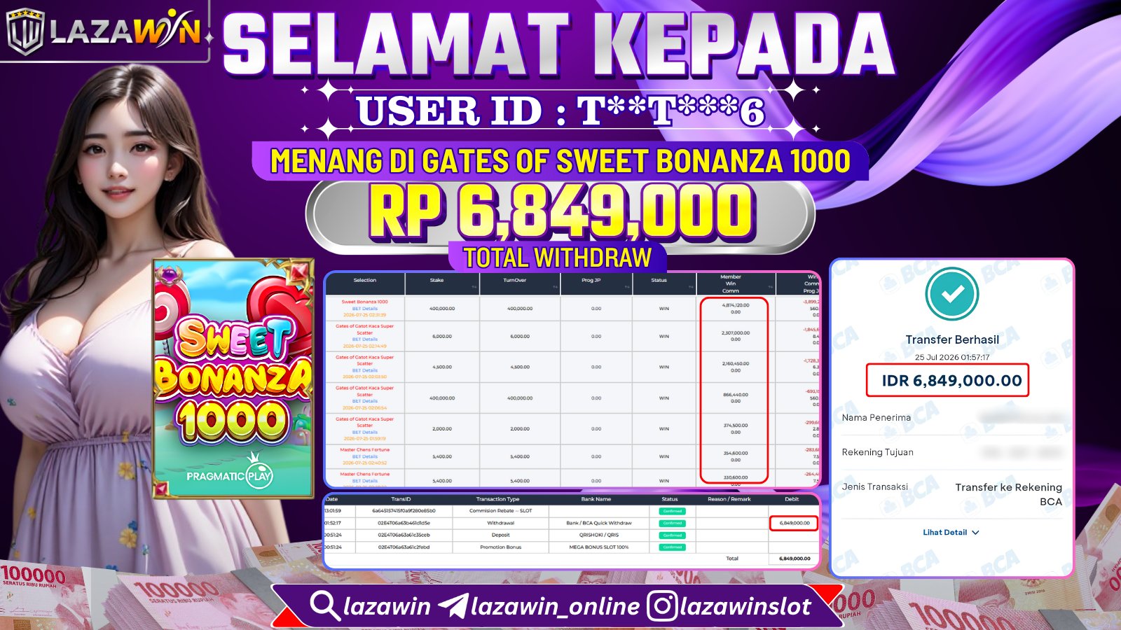 LAZAWIN JACKPOT di SWEET BONANZA 1000 Rp.6.849.000,- LUNAS