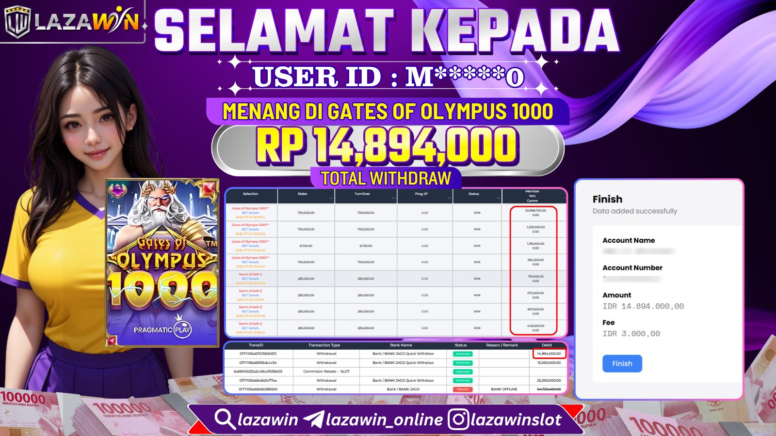 LAZAWIN JACKPOT di GATES OF OLYMPUS 1000 Rp.14.894.000,- LUNAS