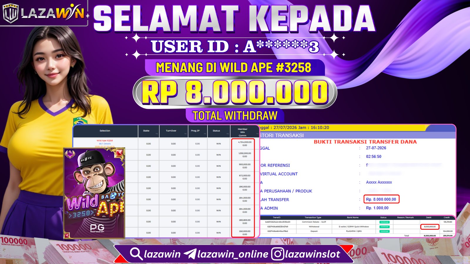 LAZAWIN JACKPOT di WILD APE #3258 Rp.8.000.000,- LUNAS
