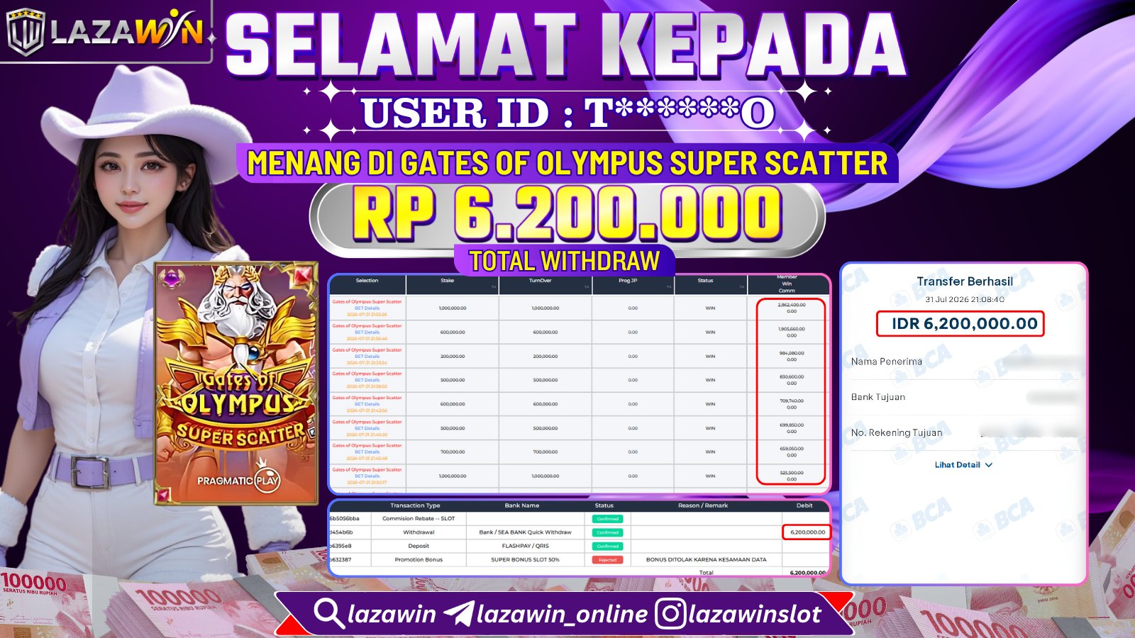 LAZAWIN JACKPOT di GATES OF OLYMPUS SUPER SCATTER Rp.6.200.000,- LUNAS